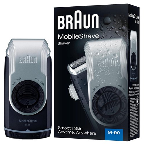 Braun MobileShave M-90 Travel Shaver - Precision Trimmer & Washable Design - Silver Finish
