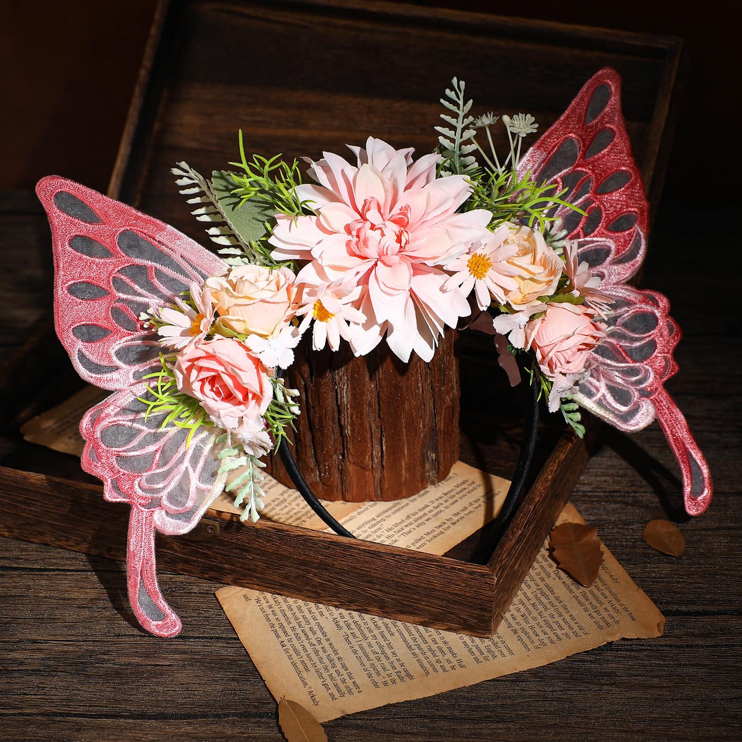 MOSTORY Pink Butterfly Fairy Headband - Flower Crown with Wings Woodland Floral Hairband Elf Forest Headpiece for Women Princess Renaissance Renfaire Fairy Outfit Cosplay Photo Shoot