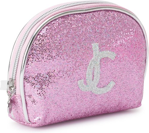 Juicy Couture Makeup Bag Set - Silver Pink Glitter Organizer for Travel Essentials | 3-Piece Clutch