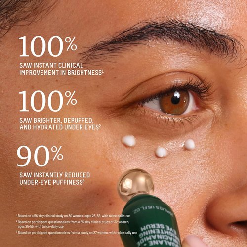 Biossance Squalane Eye Serum | Brightening & Depuffing Treatment for Dark Circles – Vitamin C & Caffeine Formula – Stainless Steel Rollerball