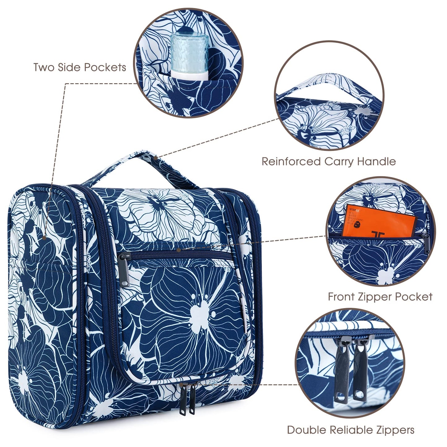 Hanging Toiletry Bag for Women Travel Makeup Bag Organizer Toiletries Bag for Cosmetics Essentials Accessories (Large, Blue Lotus)