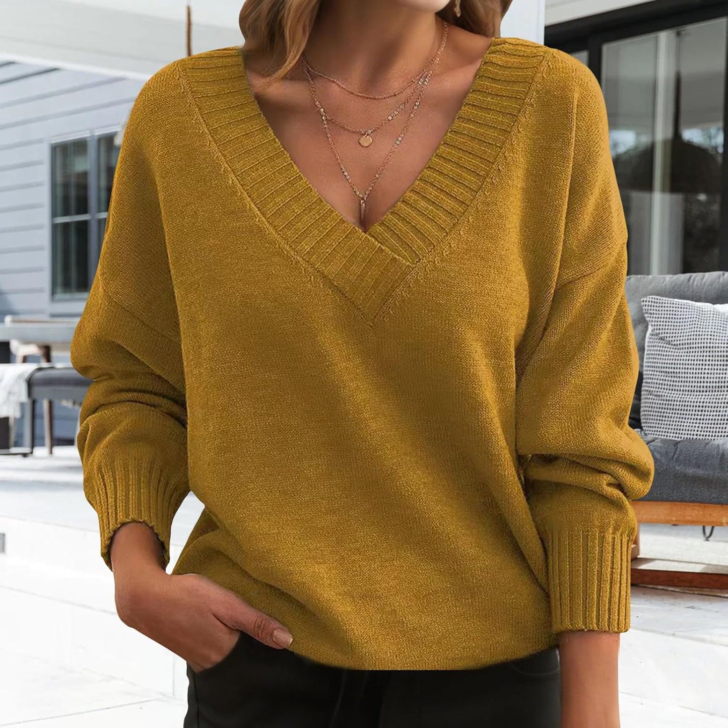 Zhyaj V Neck Sweater - Solid Color Oversized Chunky Knit Pullover for Women | Autumn Long Sleeve
