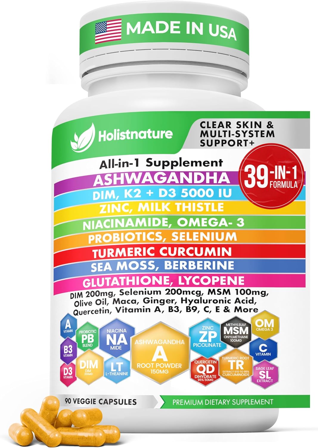 39-in-1 Cortisol Support Supplement | DIM, Zinc, Probiotics & Ashwagandha – Immune & Detox – 90 Capsules