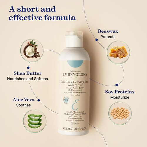 Embryolisse Gentle Waterproof Makeup Remover Milk - 4-in-1 Hydrating Cleanser for Sensitive Skin, 6.76 Fl Oz