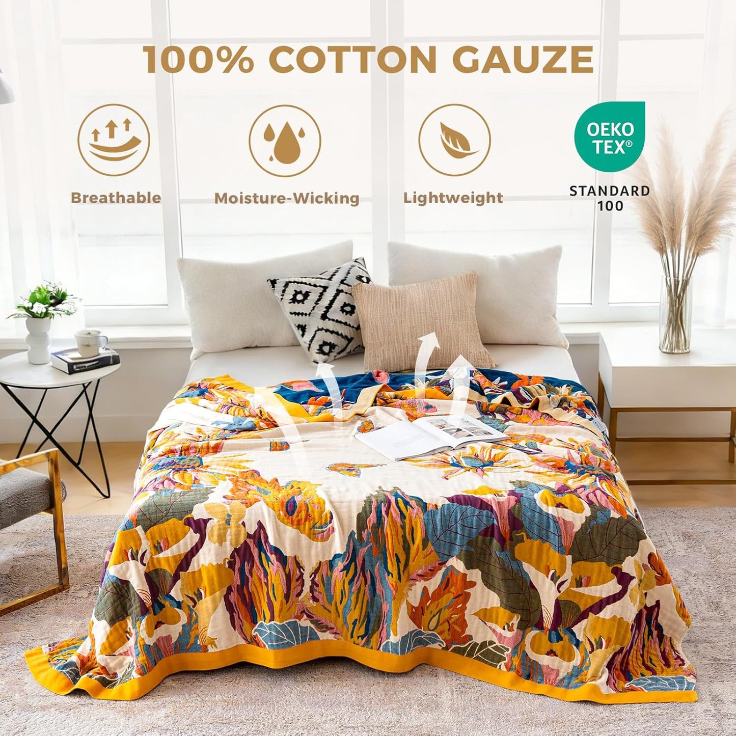 Skiennix Boho Throw Blanket - 100% Cotton, Soft & Breathable, Floral Embroidery | 50"x60" Reversible Sofa Decor