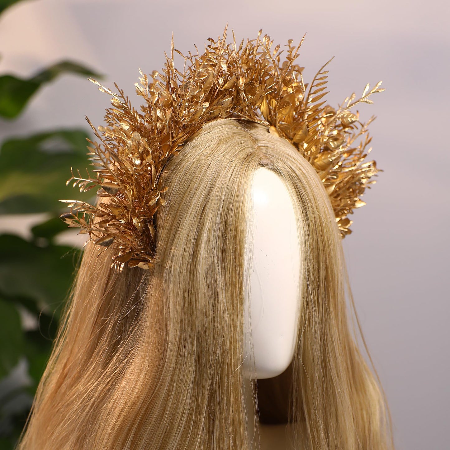 MOSTORY Gold Flower Halo Headband - Handmade Fairy Goddess Hairband Floral Queen Crown Headwear for Women Girls Party Festival Renaissance Mardi Gras Cosplay Photo Shoot