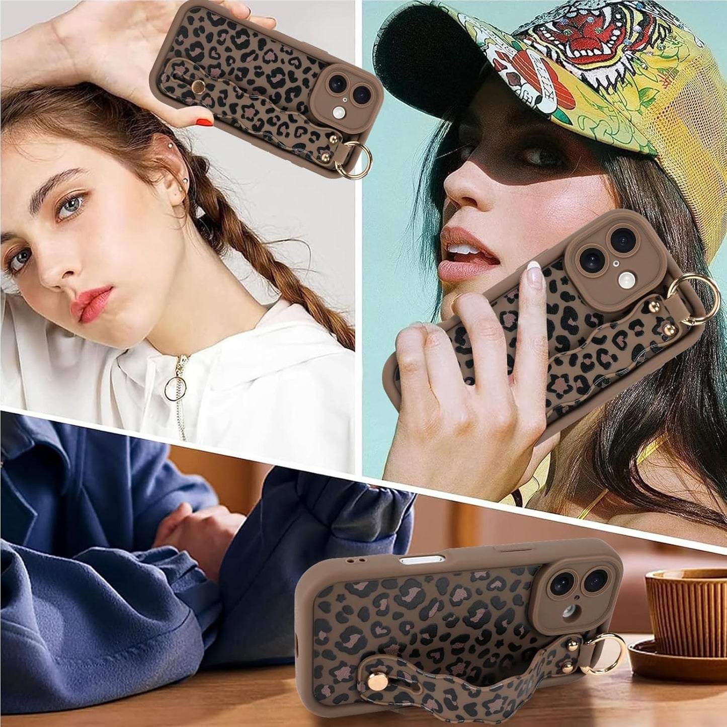 Skiennix iPhone 16 Case - Cute Brown Leopard Design with Finger Strap & Kickstand, Durable Silicone Cover