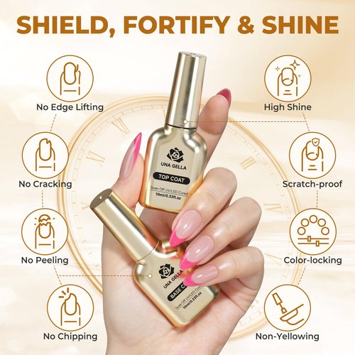 UNA GELLA No Wipe 2PCS Gel Top Coat Base Coat Set, Highly Glossy Top Coat Gel Nail Polish Strengthen and Acid-Free Clear Nail Base Soak Off, Key to Manicure for Her (U V Cure Need)
