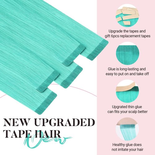 MAXITA Tape in Hair Extensions Human Hair Teal Green Tape in Extensions, 10pcs 25g 14 Inch Remy Invisible Tape Ins Straight Colored Soft Real Human Hair Tape in Extensions Natural Hair Extensions