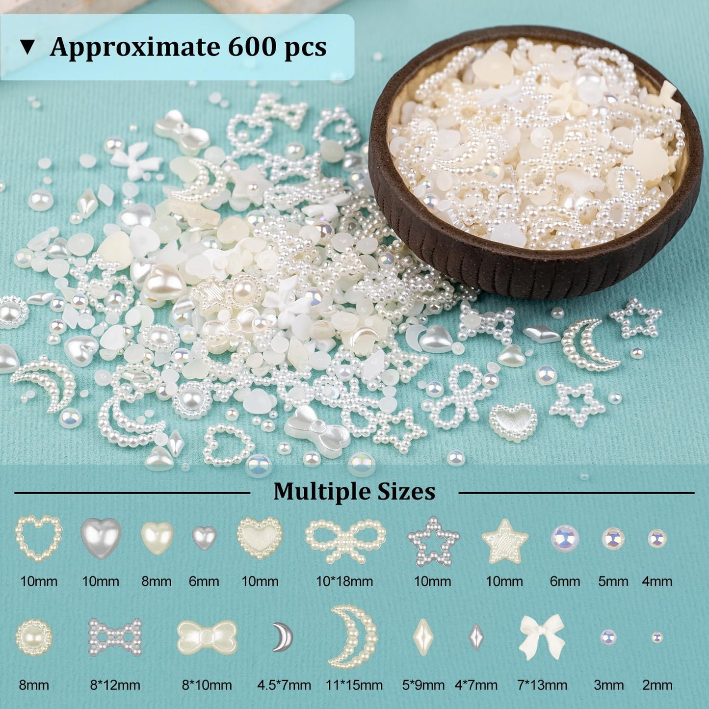 600Pcs 3D Multi Shapes Nail Charms and Flatback Pearls, Beige Mix Styles Heart Star Bow Sunflower Embellishments for Nail Art, Craft and Decoration with Glue Gel, Tweezer and Pickup Pencil