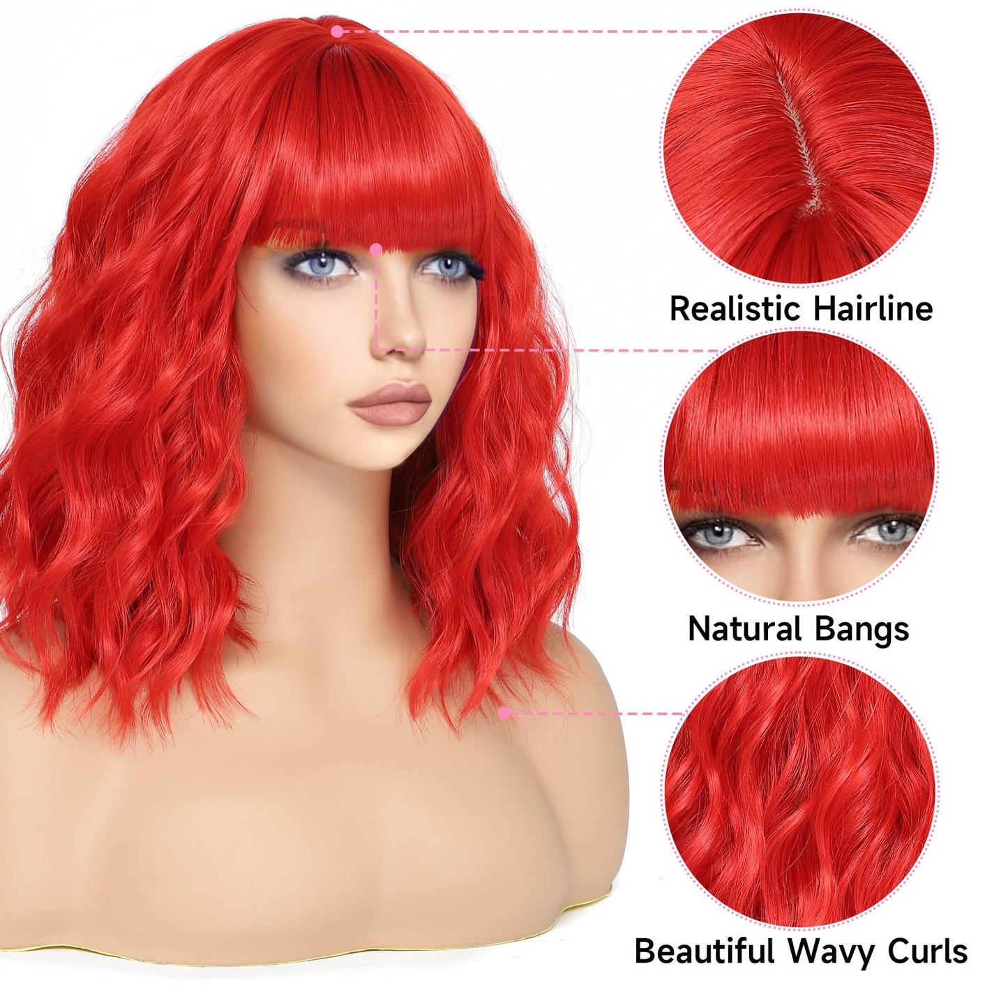 Lihui Red Wig With Bangs Short Wavy Bob Wig Colored Wigs For Women Fun Party Cosplay Wigs Synthetic Hair Wigs(Red, 12 Inch)