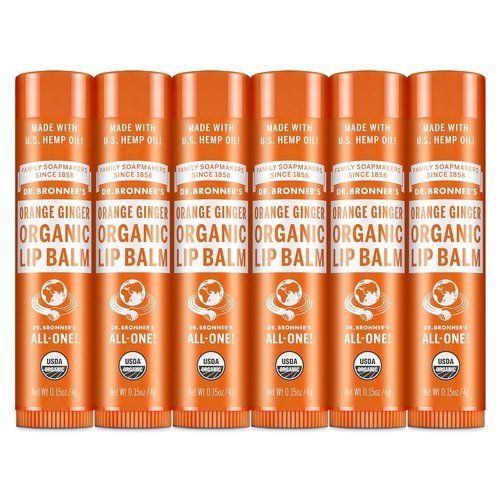 Dr. Bronner’s Organic Lip Balm - Moisturizing & Natural Petroleum-Free Formula | 6-Pack (.15oz) - Orange Ginger