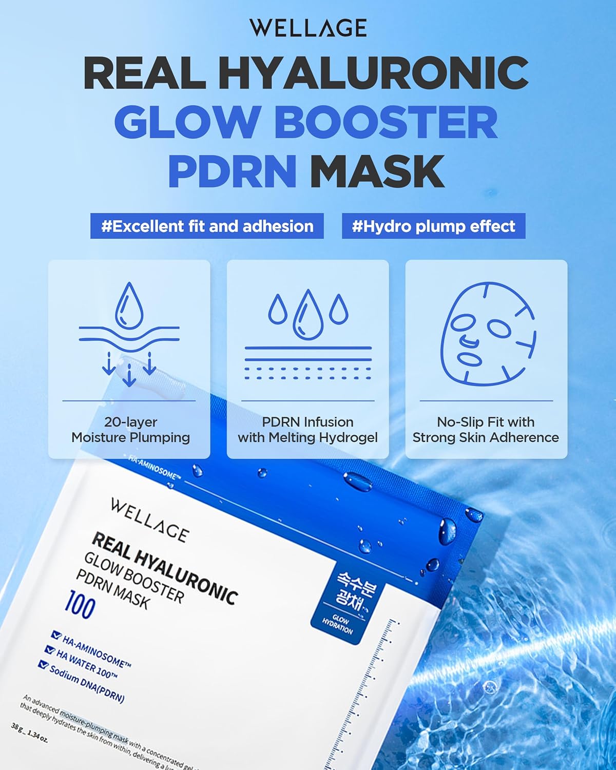 WELLAGE Real Hyaluronic Glow Booster Hydrogel Face Sheet Mask - Overnight Moisture & Radiance | 5 Sheets