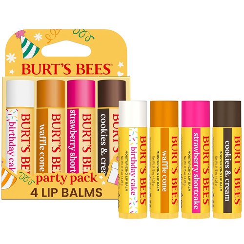 Burt's Bees Lip Balm Party Pack - Moisturizing Natural Lip Treatment | 4 Tint-Free Flavors, 0.15 oz Each