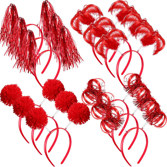 Censen 12 Pcs Pom Pom Headbands Party Headbands Tinsel Wrapped Ponytails Headbopper Headwear for Christmas Birthday Festival(Red)