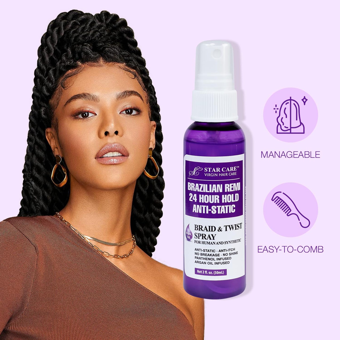 Brazilian Remi Detangler Spray - 24 Hour Hold Anti-Static Formula for Braids & Twists
