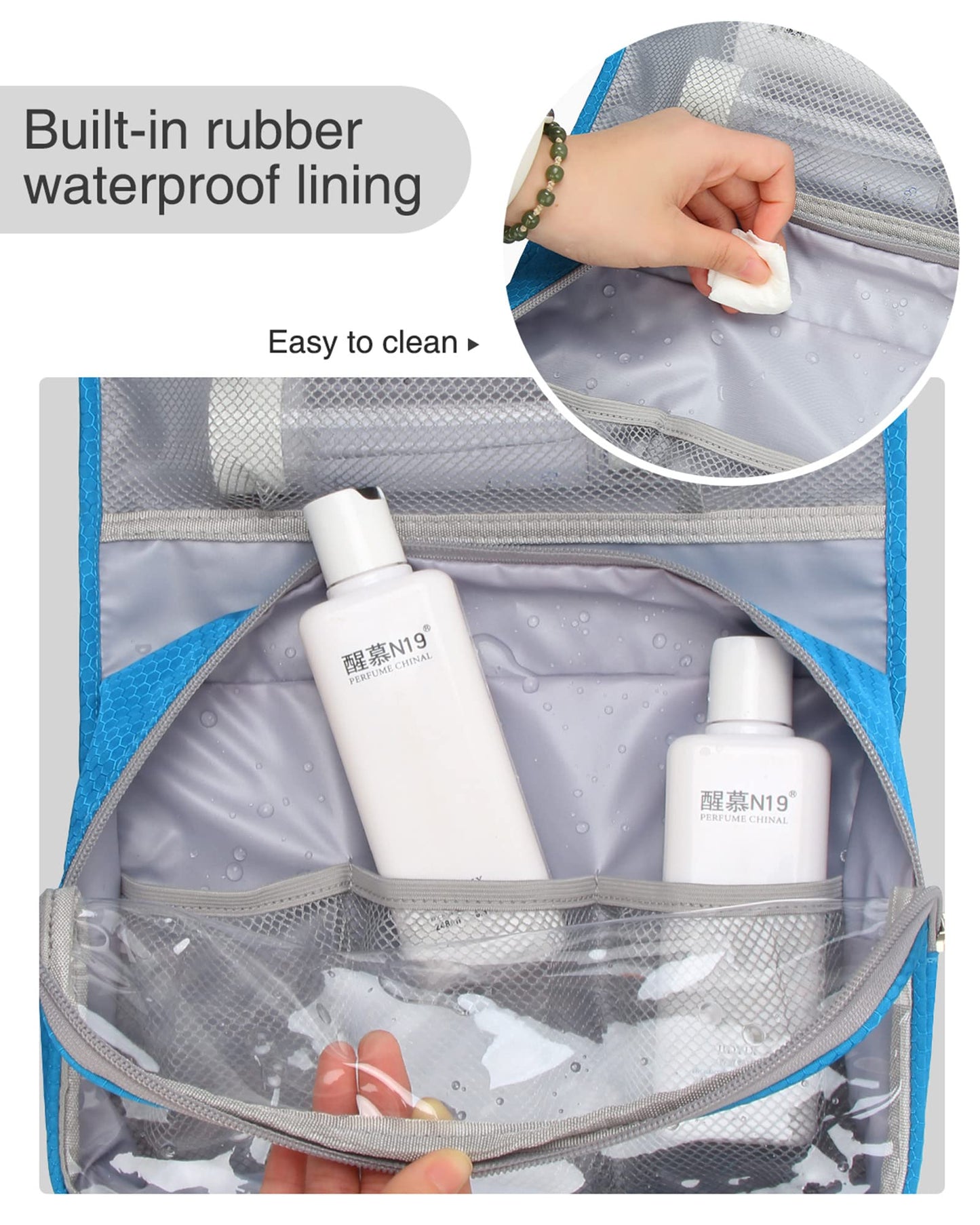 Relavel Travel Hanging Toiletry Bag for Women Men Large Capacity Makeup Bag Waterproof Cosmetic Storage Organizer Case for Bathroom Shower (Blue)