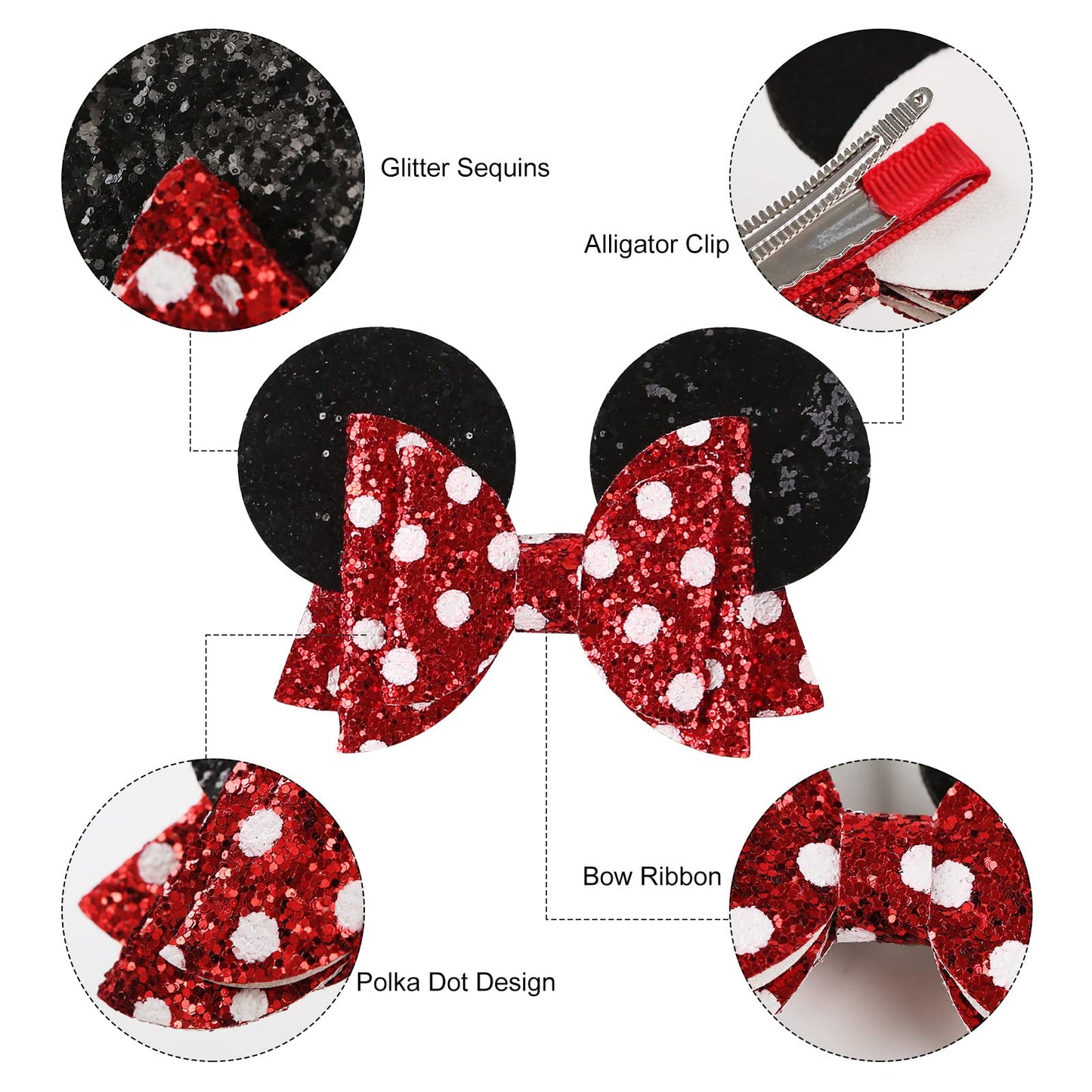 Nuolich 4PCS Mouse Ears Hair Clips & Mouse Ear Scrunchies Red Polka Dot Hair Bows Barrettes for Women Girls Costume Accessories Glitter Party Decorations