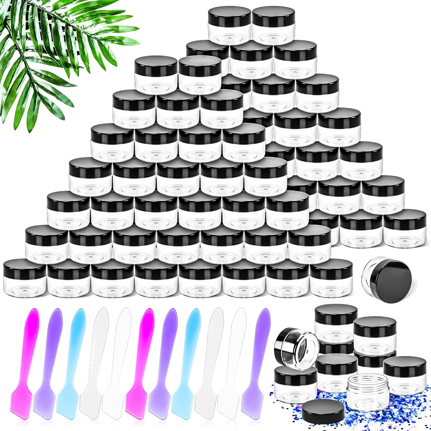 MotBach 40 PCS 15g Empty Plastic Containers with Black Lids, Small Makeup Containers, 0.5oz Small Sample Pot Jars Round Travel Cosmetic Jars with Spatulas for Liquid, Powder, Cream, Lotion