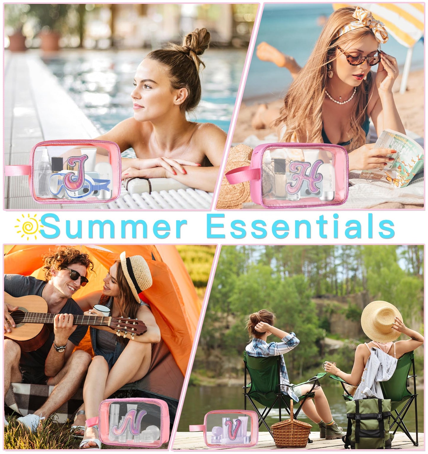 COSHAYSOO Clear Makeup Bag Preppy Initial Letter Cosmetic Toiletry Sunscreen Pouch Travel Essential Accessories Gifts for Women Girls Weekend Summer Holiday Airplane Plane Cruise Traveling Pink D