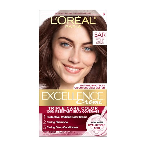 L'Oreal Paris Excellence Crème Permanent Hair Dye, Triple Care Hair Color with Hyaluronic Acid for 100% Gray Coverage, 5AR Medium Maple Brown, 1 Kit (Packaging May Vary)