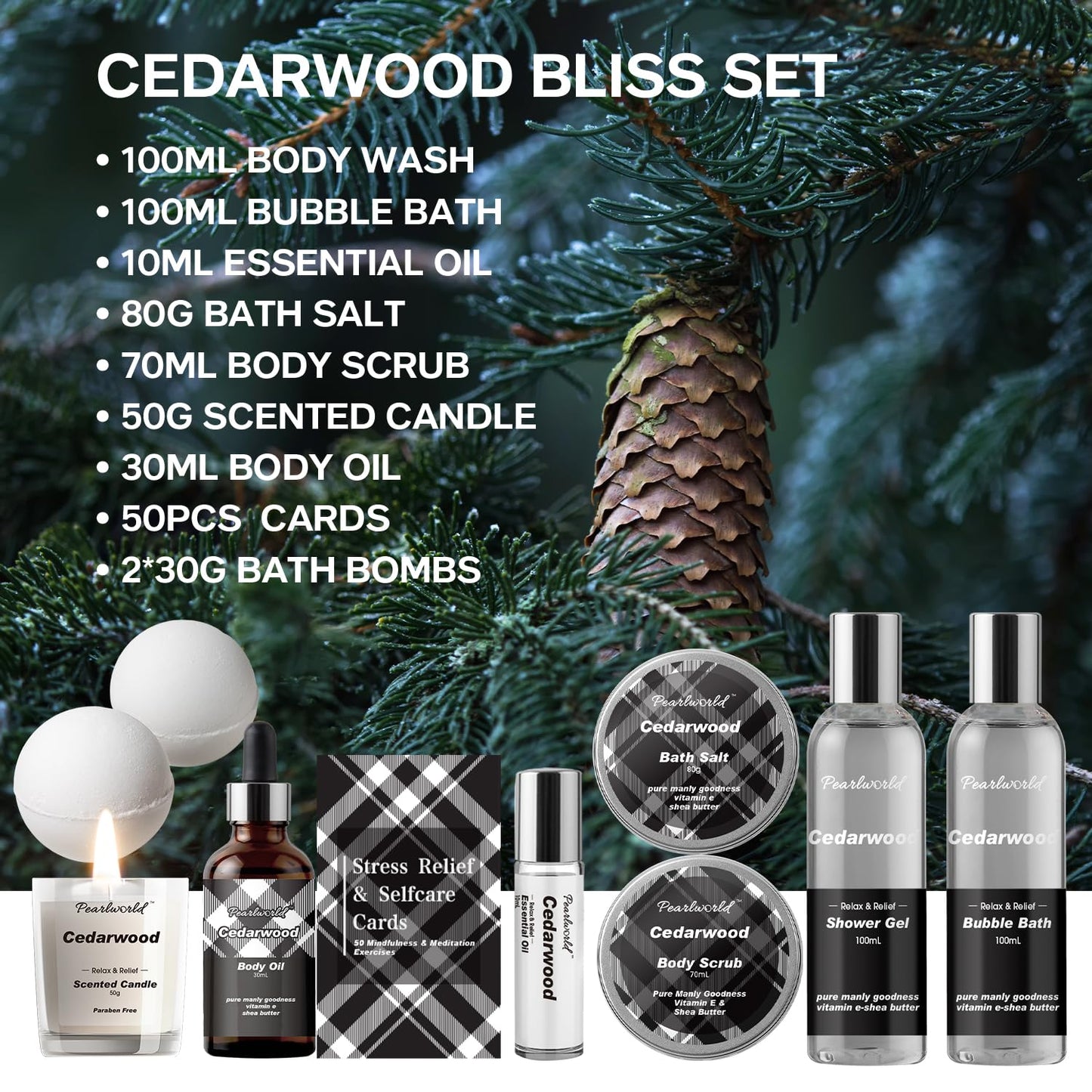 Skiennix Men's Spa Gift Set - Cedarwood Bath & Body Care Kit | 12-Piece Home Spa Essentials for Every Occasion