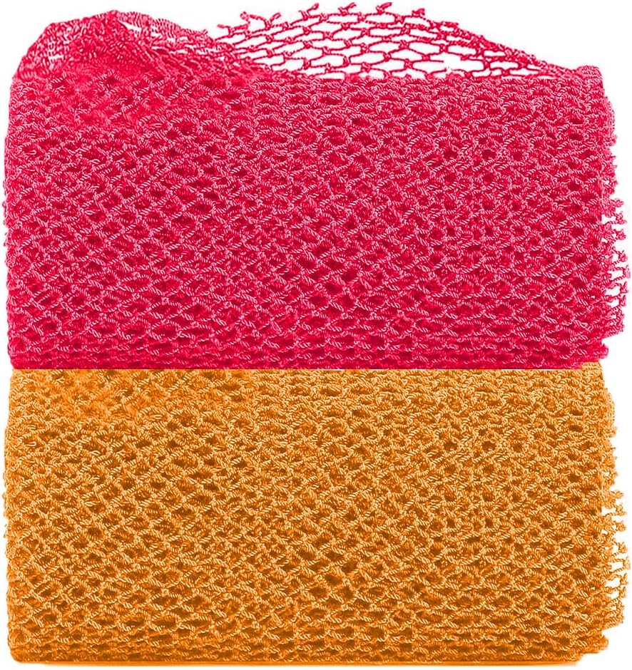 Skiennix African Exfoliating Net Sponge - 2-Piece Long Bath Scrubber Set | Pink & Orange, 63" Stretch