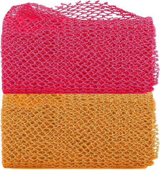 Skiennix African Exfoliating Net Sponge - 2-Piece Long Bath Scrubber Set | Pink & Orange, 63" Stretch