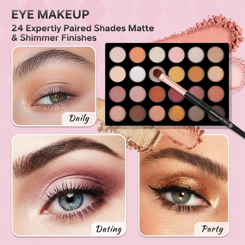 Color Nymph Beginner Makeup Kit - 24-Color Eyeshadow Palette, Blush, Bronzer & Lipstick | Pink Cosmetic Case Included