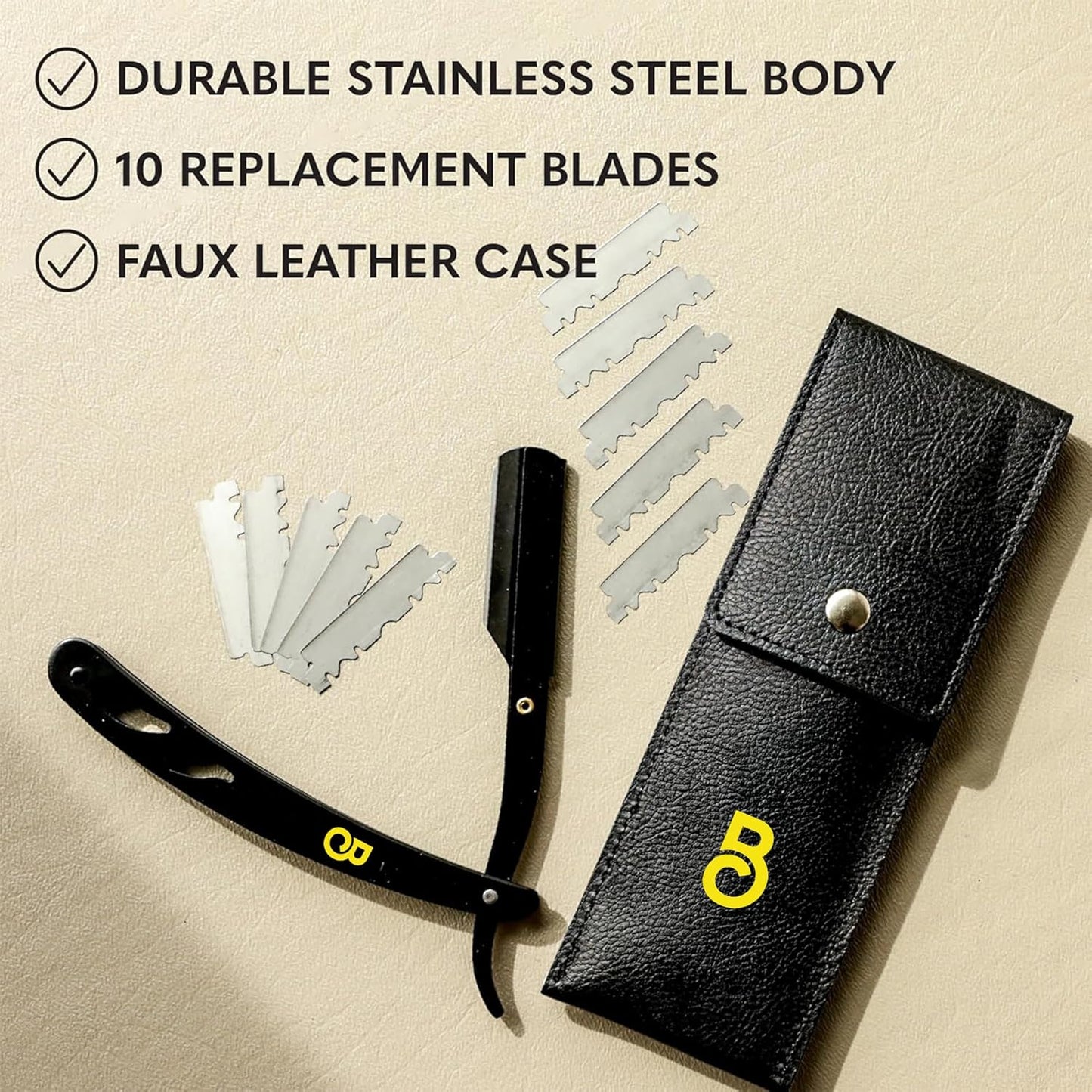 The Beard Club Straight Razor - Premium Barber Straight Edge Kit with 10 Replaceable Blades & Leather Case