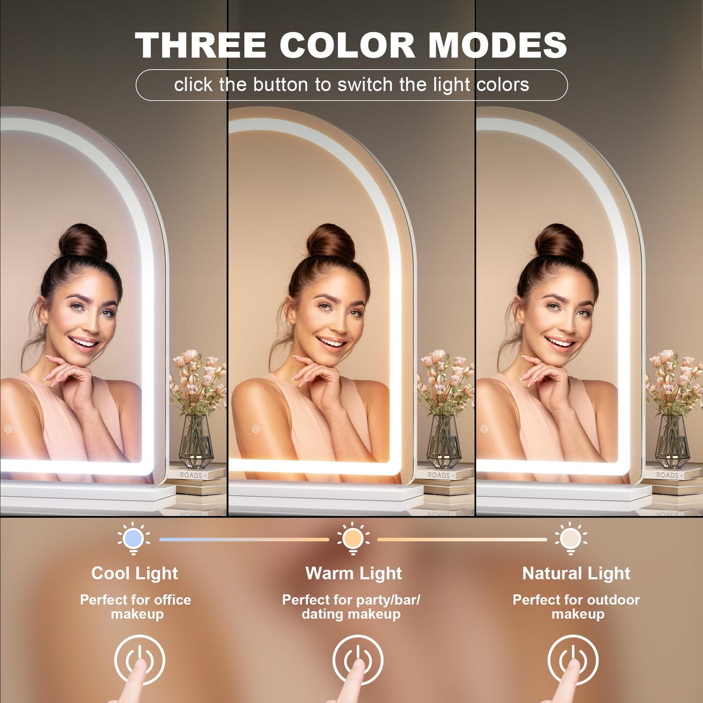 Hasipu Vanity Mirror with Lights, 26"× 30" Arched LED Makeup Mirror, Lighted Desktop Makeup Mirror with Lights, Smart Touch Control Dimmable 3 Modes Light White