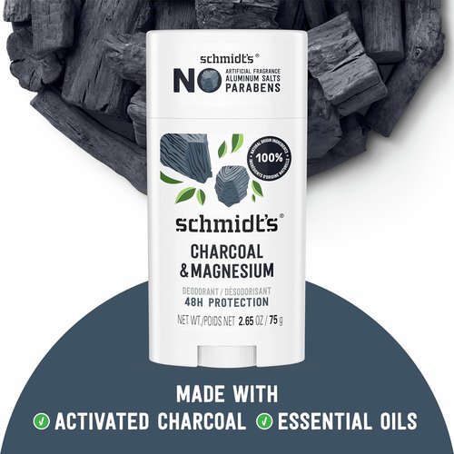 Schmidt's Charcoal & Magnesium Vegan Deodorant - Aluminum-Free, 48-Hour Odor Protection | 2.65 oz, Pack of 2