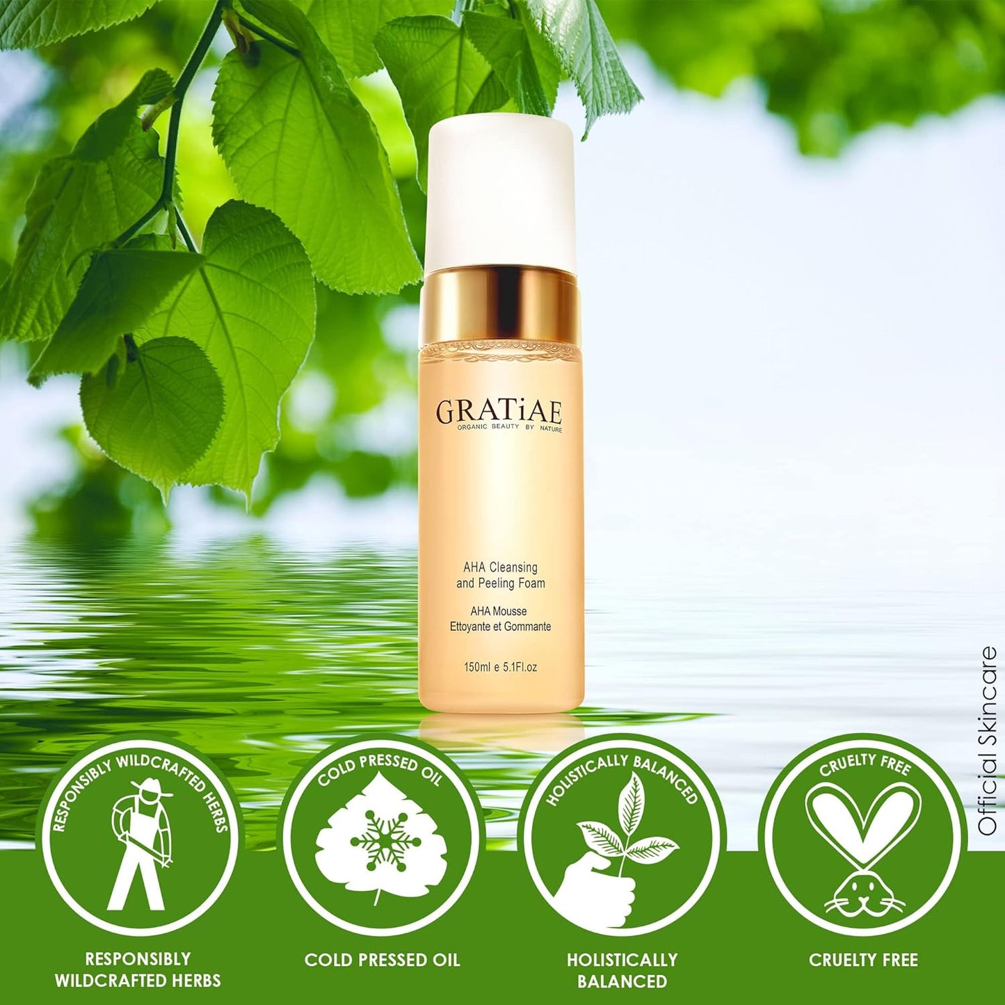Gratiae Organics AHA Cleansing Foam - Gentle Non-Drying Facial Cleanser for Sensitive Skin, 5.1 fl oz