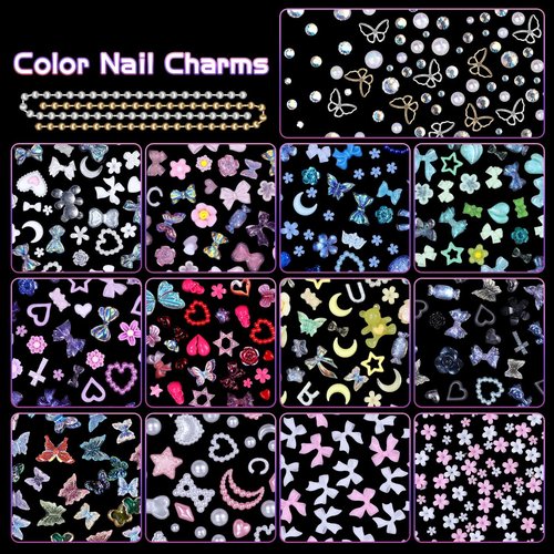 3D Nail Charms Set, Color Flower Bow Moon Heart Star Nail Art Charms, Half Round Pearl & Flatback Gems AB, Hollow Butterfly Alloy Nail Art Supplies DIY Accessories