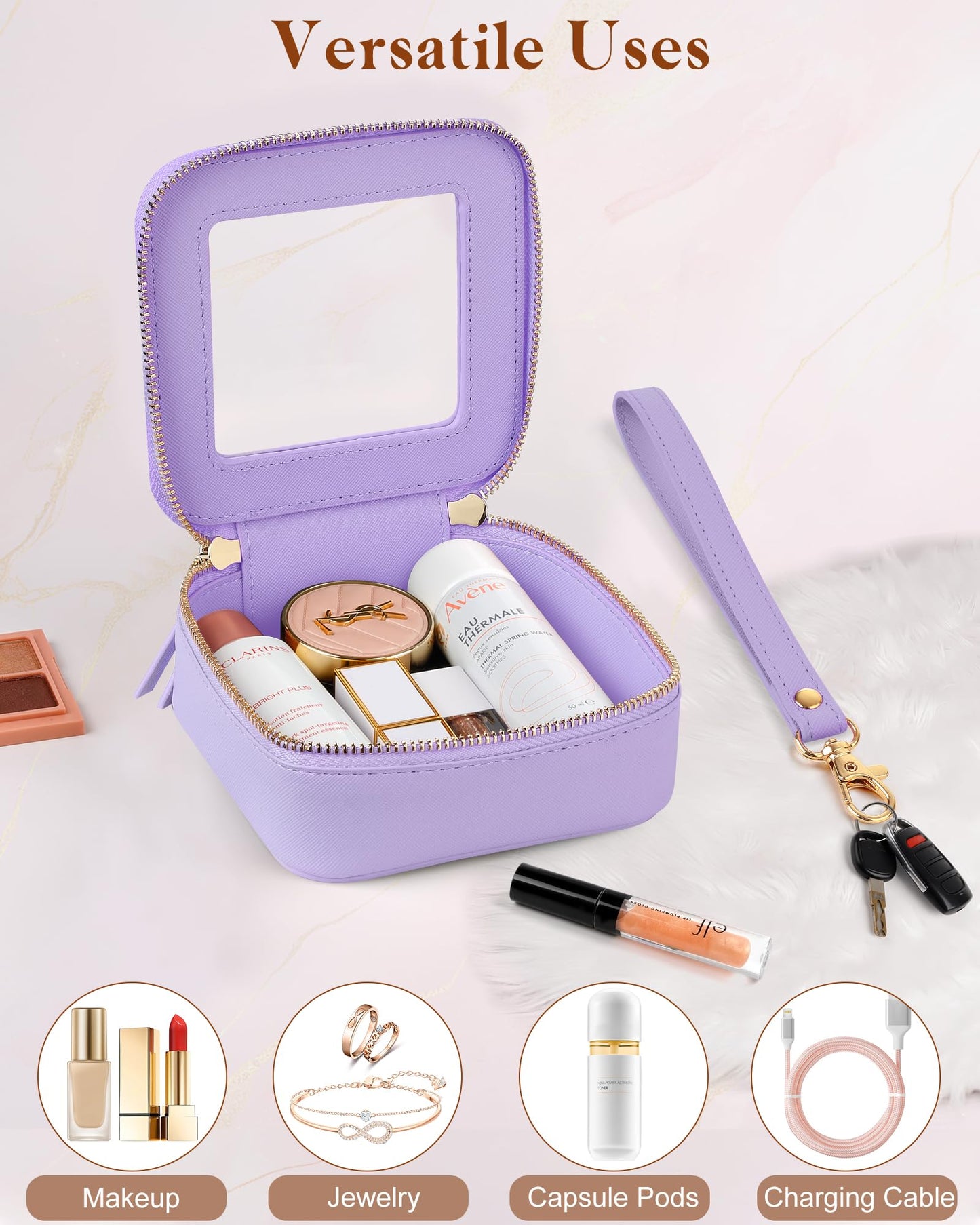 XUGUXA Clear Makeup Bag | Mini Makeup Bag | Small Makeup Bag/Small Cosmetic Bag for Purse | Cute Leather Makeup Pouch | Purse Organizer | Car Travel Purse Essentials for Women (Purple Mini)
