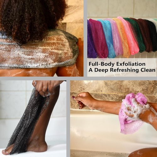African Exfoliating Net Sponge - Authentic 2-Piece Bath Scrubber Set | Quick-Drying 45-Inch Loofah for All Skin Types (Navy Blue & Baby Blue)