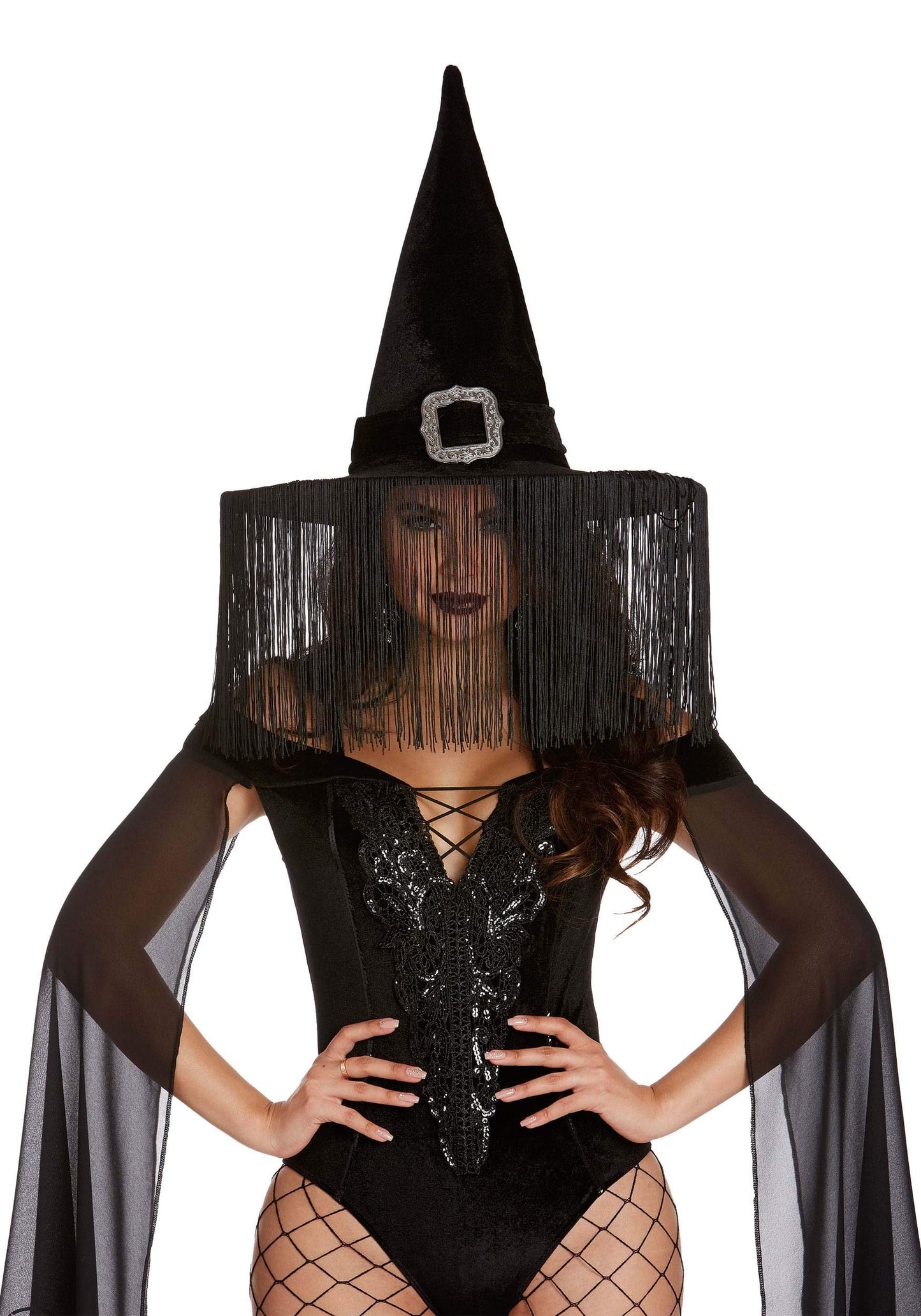 Dreamgirl Womens Wicked Witch Hat with Buckle and Draped Fringe, Halloween Costume Accessory for Adults - Standard