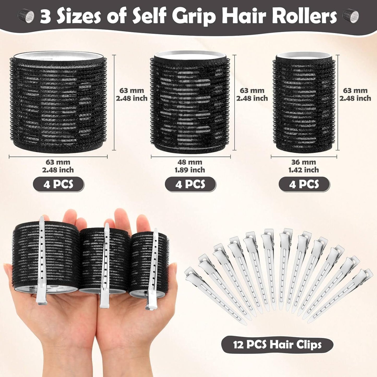 Skiennix Thermal Hair Rollers - 24PCS Jumbo Curlers with Clips for Volume | 63mm, 48mm, 36mm Sizes