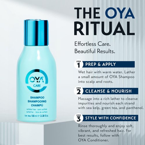 OYA Gentle Moisturizing Shampoo – Sulfate-Free Hydrating Cleanser for Color Treated, Dry & Damaged Hair – Enriched with Sea Kelp, Green Tea & Panthenol – Professional Hair Care – Travel Size / 100 ml