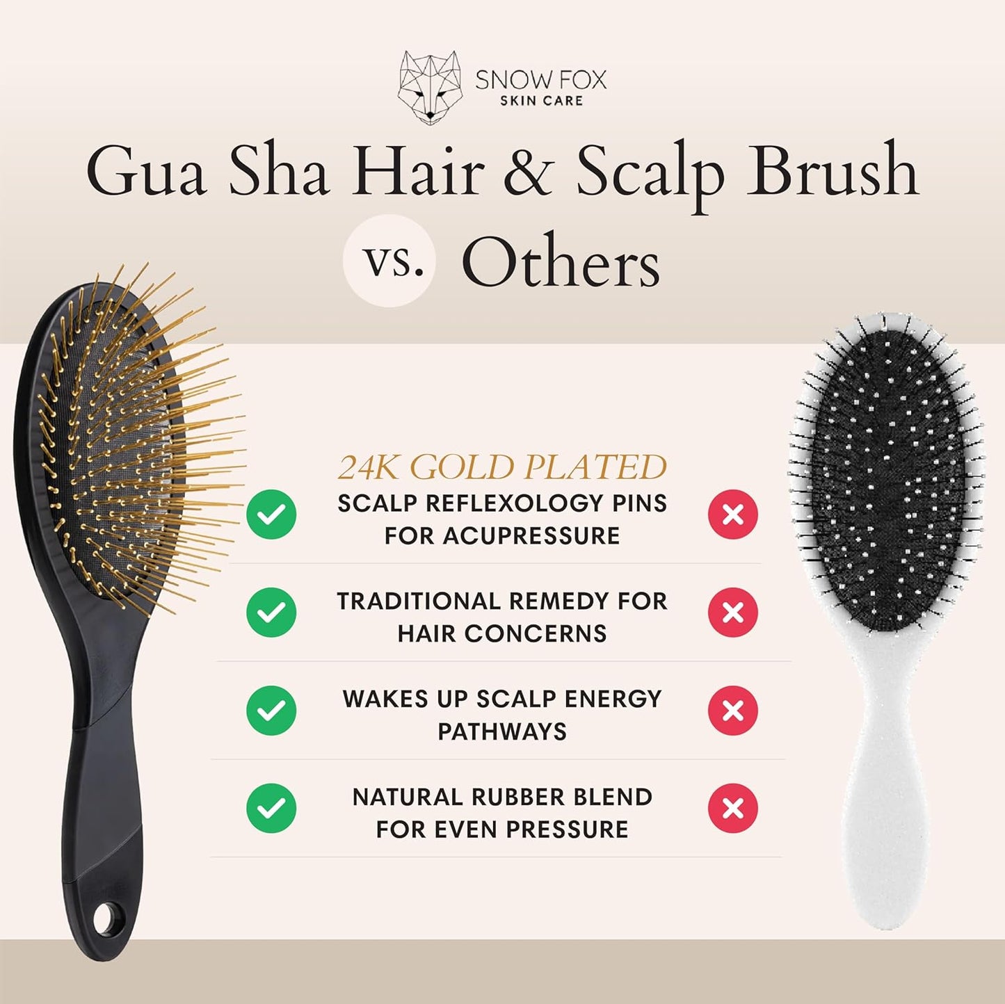 Snow Fox Skincare Gua Sha Hair Brush - Black Edition | Scalp Massage Comb with Gold-Plated Bristles for Healthy Hair
