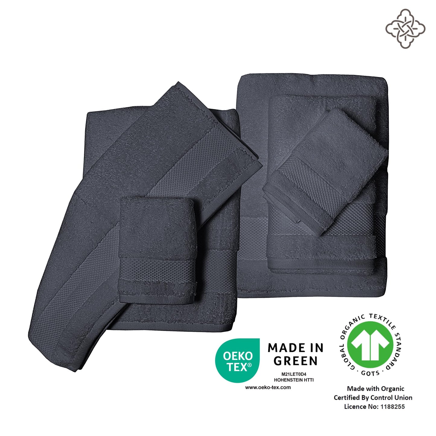 BIOWEAVES 100% Organic Cotton 700 GSM Plush 6-Piece Towel Set GOTS Certified, 2 Bath Towels, 2 Hand Towels & 2 Washcloths - Charcoal
