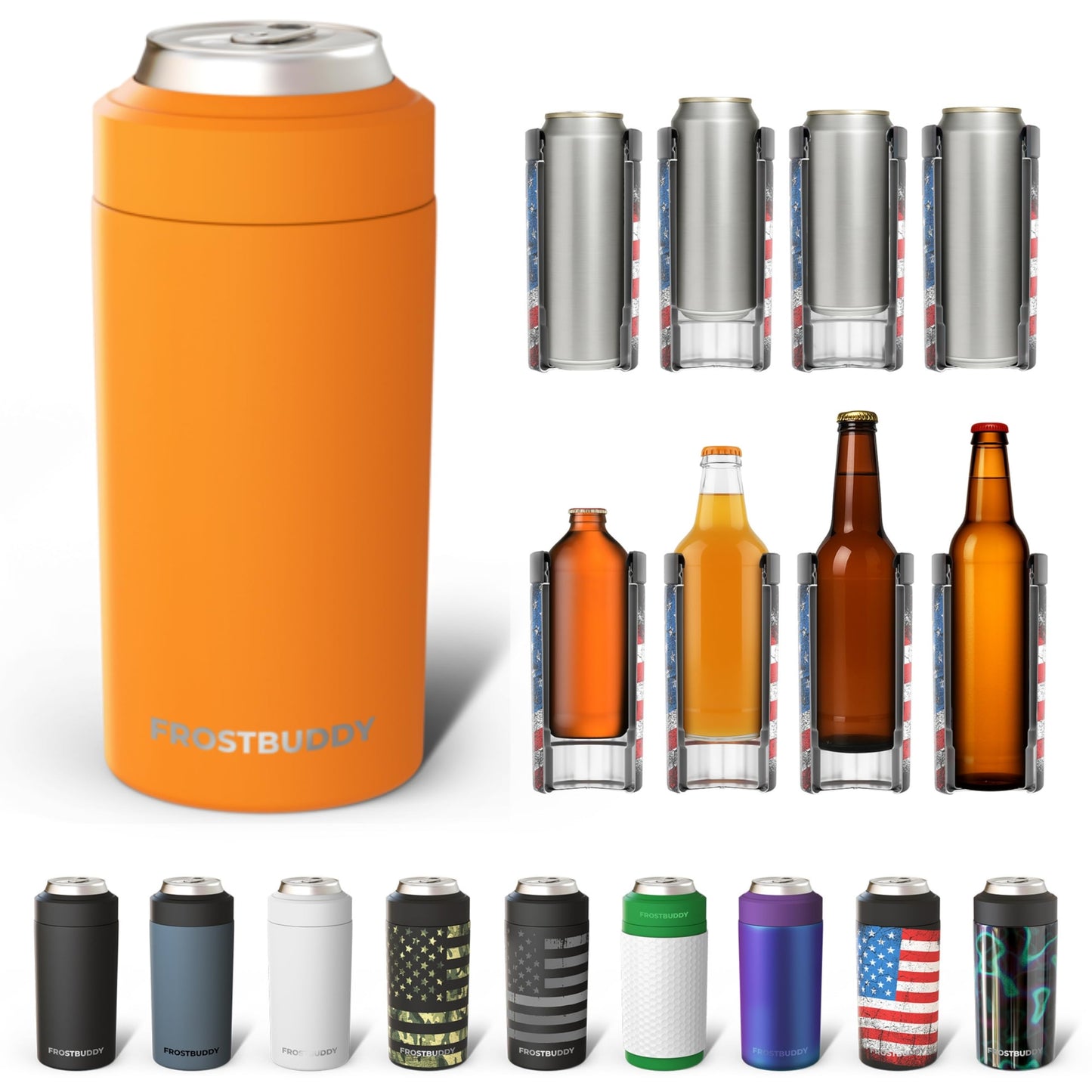 Frost Buddy Universal Buddy Can Cooler - Fits All - For Regular 12 & 16 oz or Slim-Size Bottles - Insulated Double -Walled Stainless Steel (All white)