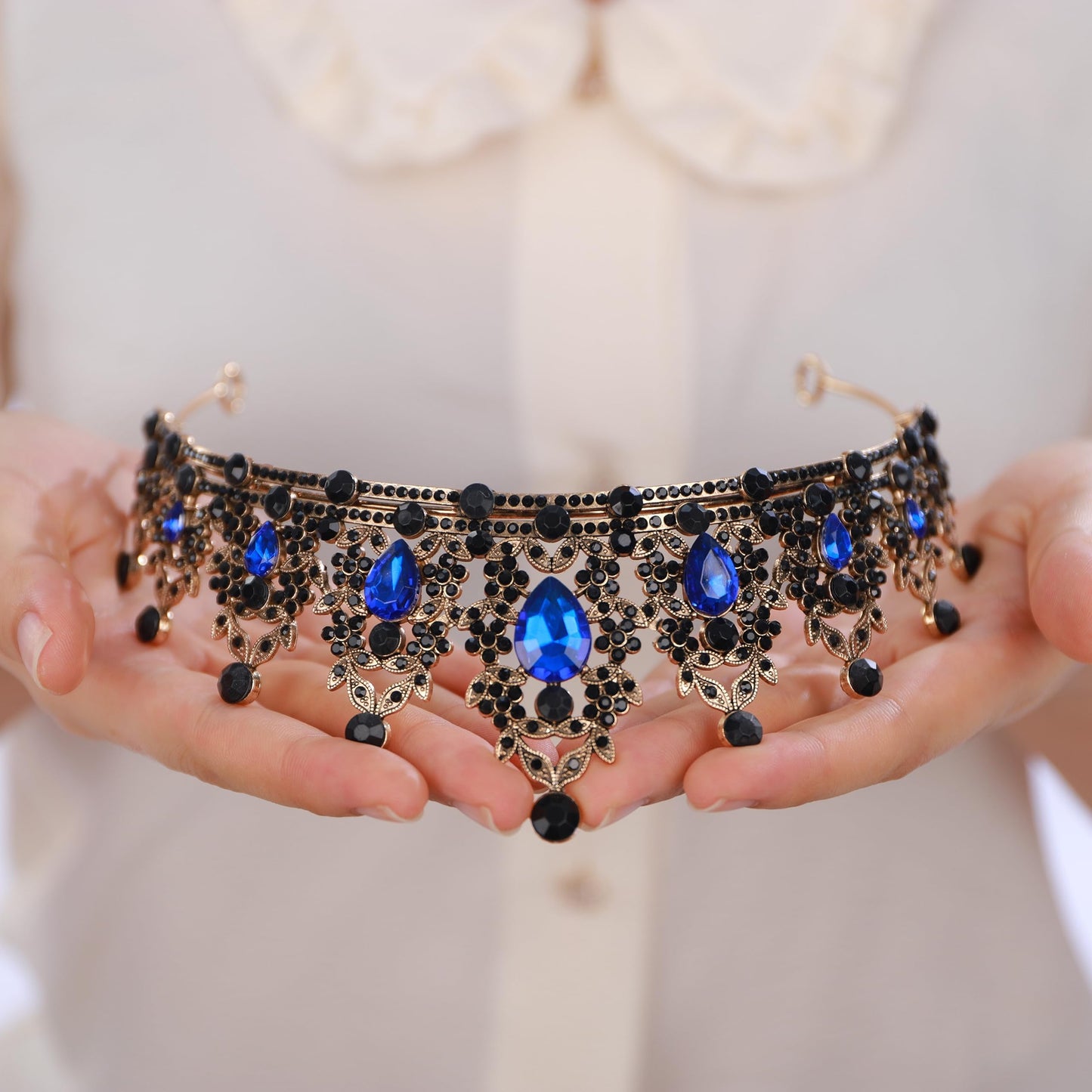 BERYUAN Blue Black Crystal Rhinestone Wedding Headband Flower Crystal Vintage Headpiece Baroque Queen Halloween Headdress Gothic Black Rhinestone Wedding Hairpiece for Girls (blue)