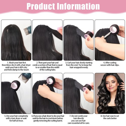 4 Sizes Self-Grip Hair Rollers Set for Long, Short Hair and Bangs - 50 Pcs with Clips (25mm, 36mm, 48mm, 60mm), Pink