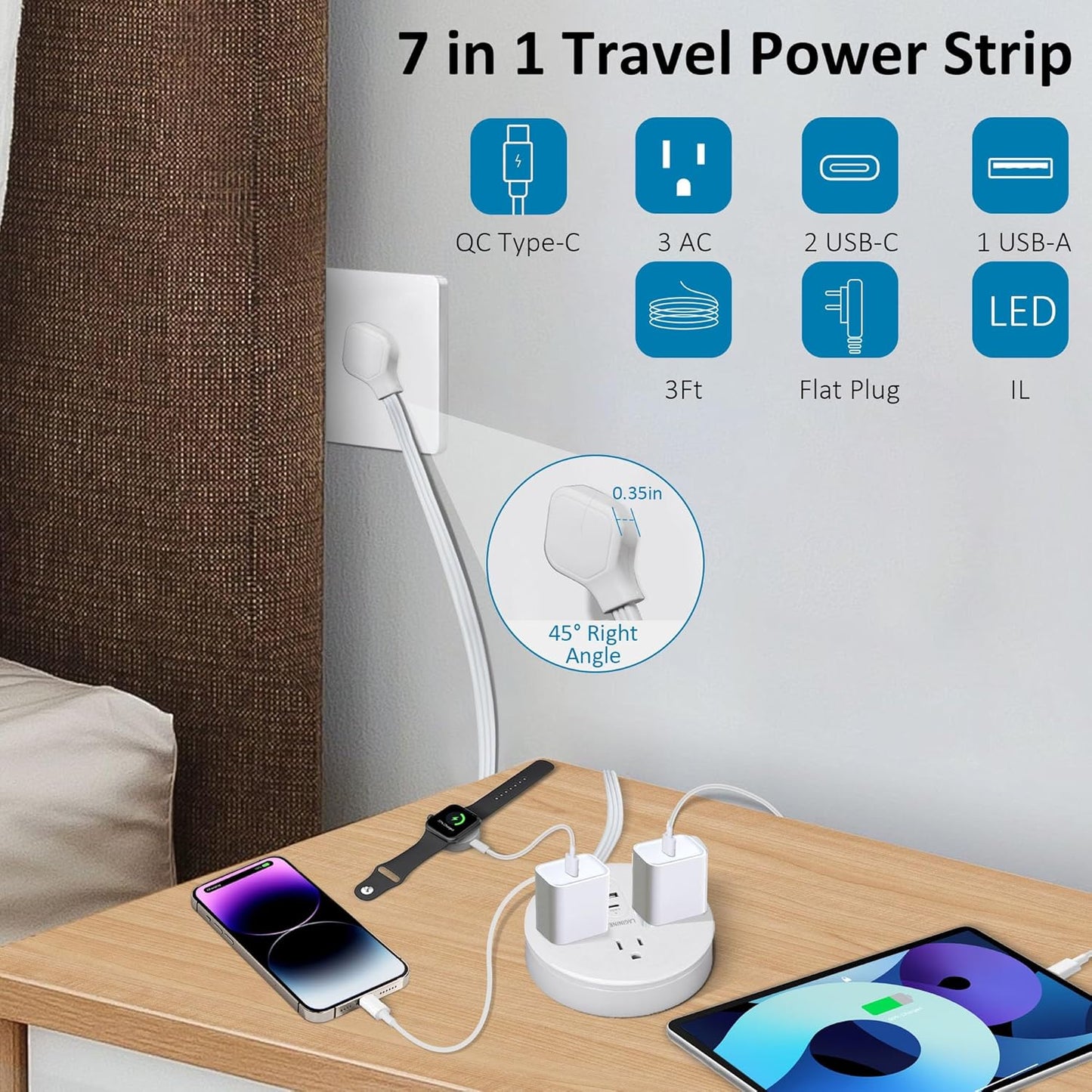 Skiennix Travel Power Strip - 3 AC Outlets & 3 USB Charging Ports (2 USB-C) | Essential for Home, Office & Travel