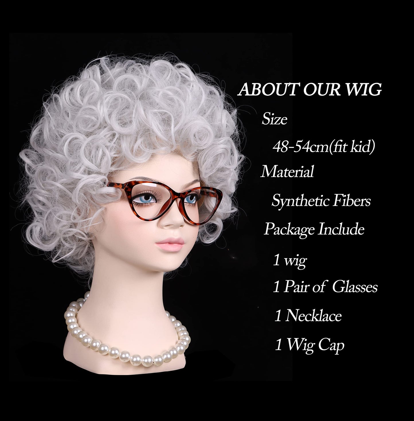 White Curly Old Lady Costume Wig with Granny Glasses and Pearl Necklace for Halloween Party