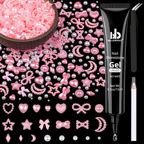 600Pcs 3D Multi Shapes Nail Charms and Flatback Pearls, Pink&White Mix Styles Heart Star Bow Sunflower Embellishments for Nail Art, Craft and Decoration with Glue Gel, Tweezer and Pickup Pencil