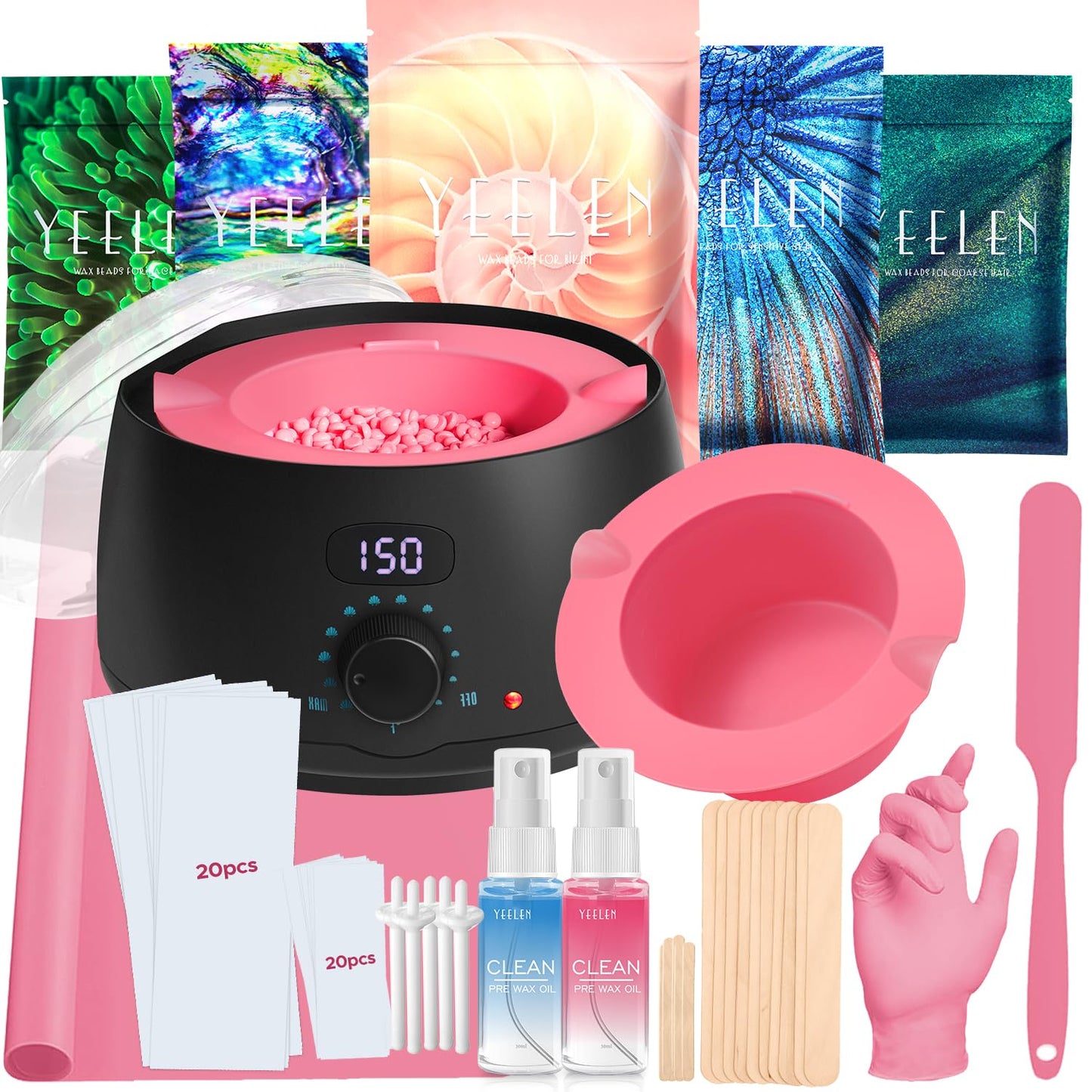 Complete Home Waxing Kit for Women: Face Brazilian Eyebrow Bikini Leg & Sensitive Skin - with 5 Packs Hard Wax Beads Digital Wax Warmer for Hair Removal