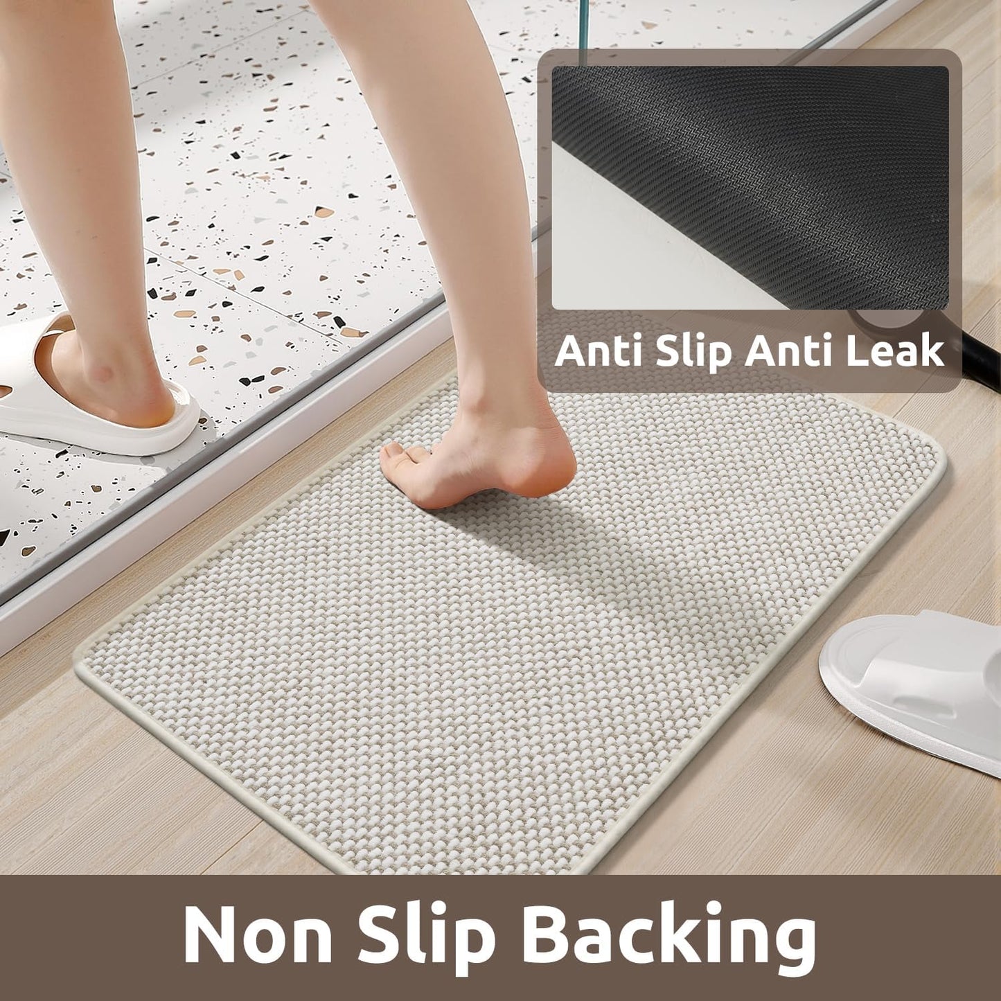 AMOAMI Chenille Bath Mat - Super Absorbent & Quick Dry | Non-Slip Rubber Backed, 17"x24", Beige & White