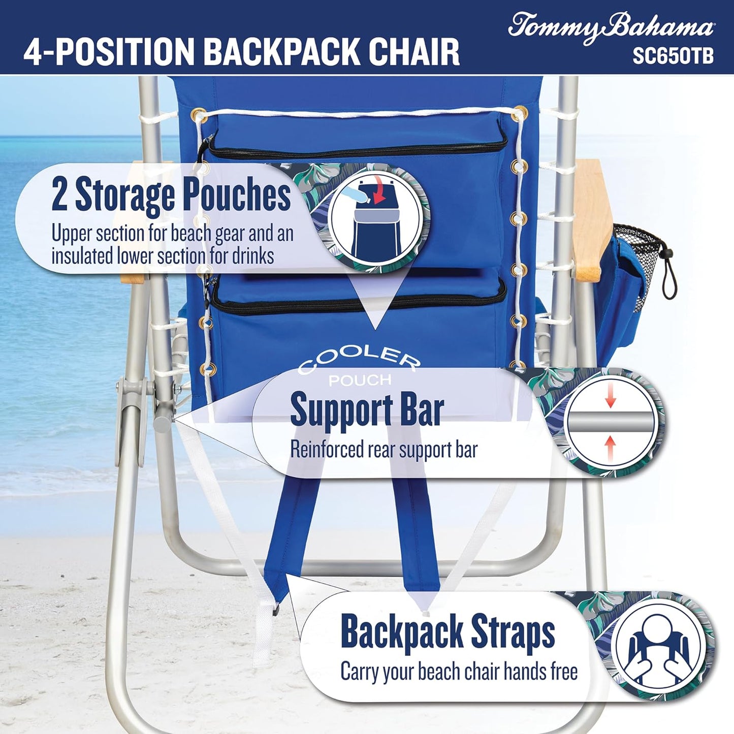 Tommy Bahama Folding Beach Chair - Hi-Boy 17" Seat Height with 4-Position Lace-Up Suspension